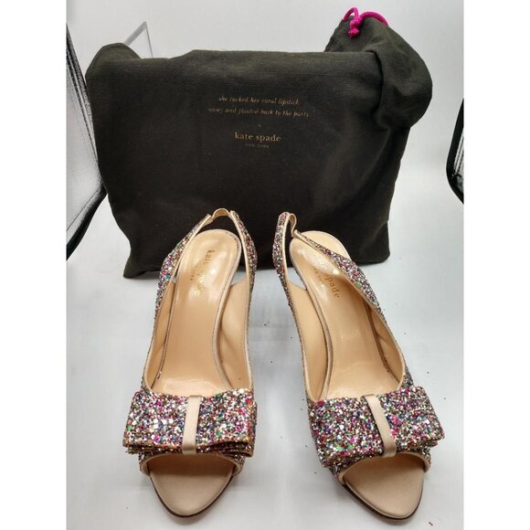 Kate Spade Sparkly Bow Slingback Heels Womens Size 6B Multicolor Glitter - Picture 2 of 5
